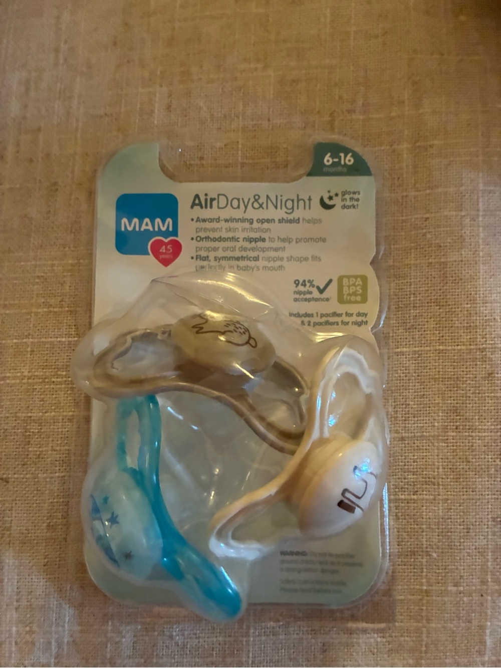 MAM AirDay&Night Pacifiers 6-16 Months - Blue, White, Clear - Pack of 3
